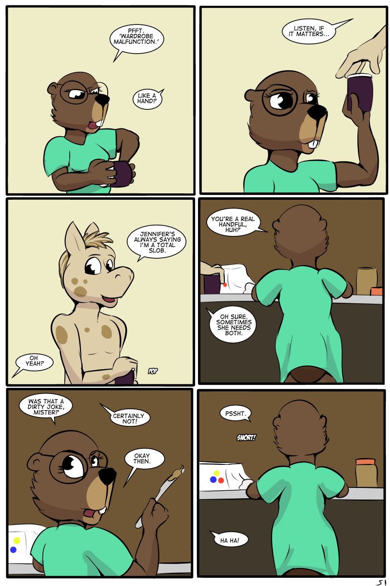 (study_partners) 2017 anthro beaver bread clothed clothing comic cub duo english_text equine eyewear female food fur glasses hair hi_res horse invalid_tag knife looking_back male mammal peanut_butter rodent speech_bubble study_partners teenager text thunderouserections topless woody_(study_partners) young