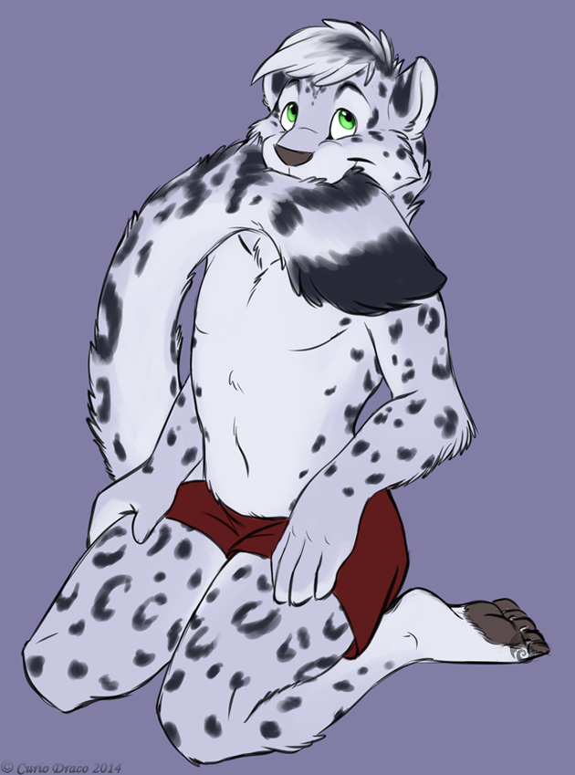 2014 5_fingers 5_toes anthro biped clothed clothing curiodraco digitigrade feline fur girly hair humanoid_hands kneeling leopard male mammal mars_(thequeenofmars) navel nom pawpads simple_background snow_leopard solo spots spotted_fur tail_nom toes topless