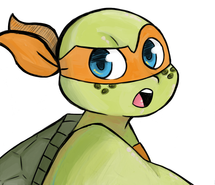 2017 anthro bandanna blue_eyes bust_portrait freckles inkyfrog looking_at_viewer male mask michelangelo_(tmnt) noseless open_mouth portrait reptile scalie shell simple_background solo teenage_mutant_ninja_turtles turtle white_background