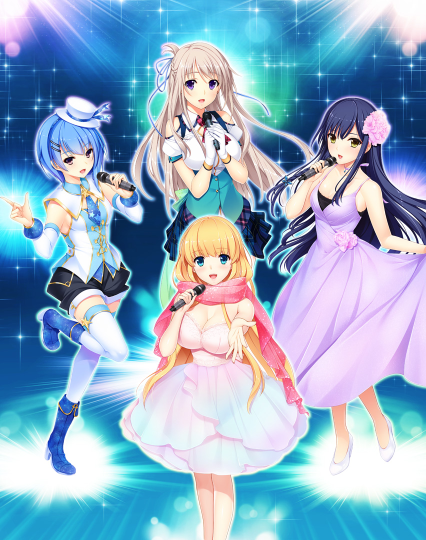 aqua_eyes bangs bare_shoulders bethly_rose_daisley blonde_hair blue_hair boots braid breasts cleavage company_connection dress eyebrows_visible_through_hair full_body gin'iro_haruka gloves hair_ornament hairclip hat hatsukoi_1/1 high_heels holding hoshi_ori_yume_mirai jewelry knee_boots leg_up long_hair looking_at_viewer makabe_midori medium_breasts microphone mini_hat multiple_girls narusawa_rikka necktie official_art open_mouth ousaka_sora outstretched_arm pleated_skirt purple_eyes scarf short_dress short_sleeves shorts simple_background skirt sleeveless smile sparkle white_gloves white_legwear yellow_eyes