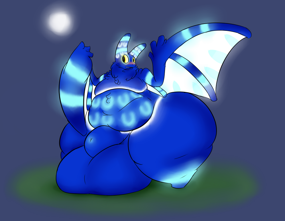 2014 animal_genitalia animate_inanimate anthro anthrofied arms_above_head balls bat belly belly_tuft big_balls big_belly big_thighs biped blue_background blue_fur blue_mane blush chest_tuft cyan_markings cyan_stripes digital_drawing_(artwork) digital_media_(artwork) digitigrade embarrassed featureless_feet featureless_legs featureless_limbs flaccid front_view full-length_portrait fully_sheathed fur glowing glowing_belly glowing_ears glowing_eyes glowing_markings glowing_stripes glowing_wings huge_balls hyper hyper_balls hyper_sheath hyper_thighs looking_away looking_back male mammal mane markings membranous_wings moobs moon morbidly_obese multicolored_fur navel neck_tuft nervous nude obese overweight penis pi&ntilde;ata portrait rakashama sheath sherbat shy simple_background socks_(marking) solo standing striped_wings stripes surprise tuft video_games viva_pinata white_fur white_stripes white_wings wide_eyed wings yellow_eyes