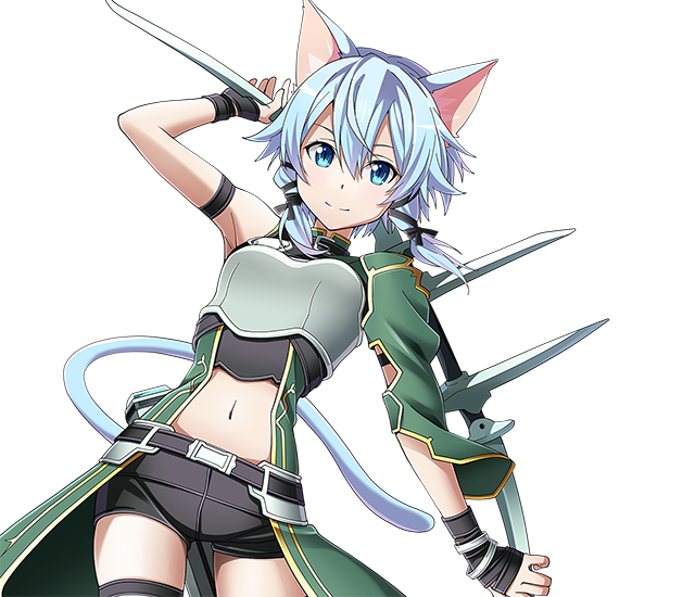 animal_ears arm_up black_ribbon black_shorts blue_eyes blue_hair bow_(weapon) breastplate cat_ears cat_tail cowboy_shot hair_ribbon holding holding_bow_(weapon) holding_weapon looking_at_viewer midriff navel official_art ribbon short_hair_with_long_locks short_shorts shorts sidelocks sinon sinon_(sao-alo) smile solo standing stomach sword_art_online sword_art_online:_code_register tail thigh_strap transparent_background weapon