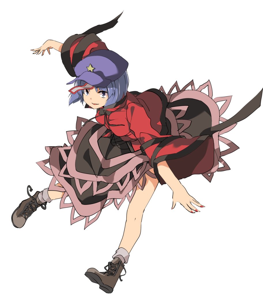 beret black_skirt blue_eyes blue_hair boots brown_footwear commentary_request cross-laced_footwear full_body hasebe_yuusaku hat jiangshi lace-up_boots long_sleeves looking_at_viewer miyako_yoshika ofuda outstretched_arms red_shirt shirt short_hair skirt smile solo spread_arms star touhou wide_sleeves zombie_pose