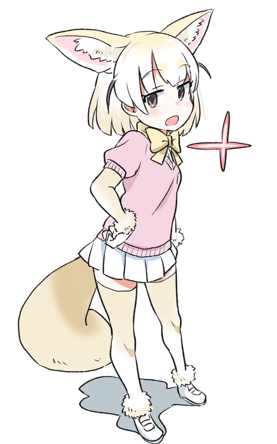 animal_ears ass_visible_through_thighs blonde_hair blush breasts brown_eyes cowboy_shot elbow_gloves eyebrows_visible_through_hair fennec_(kemono_friends) fox_ears fox_tail gloves heart kemono_friends long_hair looking_at_viewer medium_breasts multicolored multicolored_clothes multicolored_hair multicolored_legwear neck_ribbon pink_sweater pleated_skirt ribbon shiny shiny_skin short_sleeve_sweater simple_background skirt skirt_hold smile solo source_request standing sweat sweater tail thighhighs two-tone_legwear white_background white_hair white_skirt yellow_gloves yellow_legwear yellow_ribbon zettai_ryouiki zk_(zk_gundan)