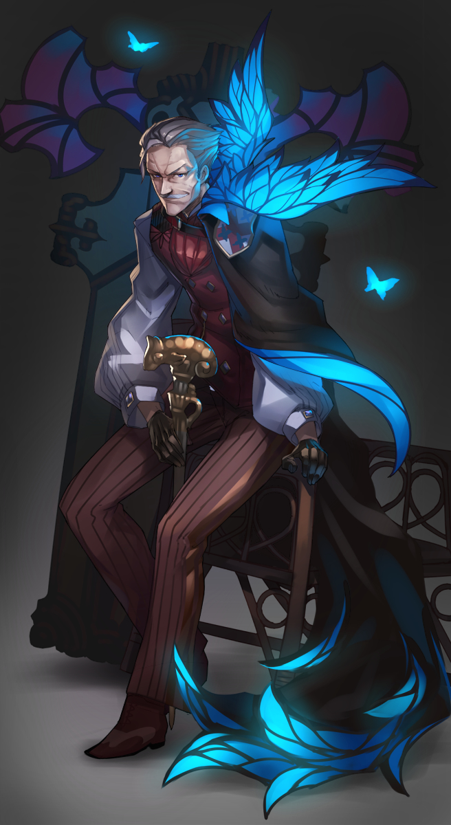 bug butterfly cane closed_mouth coat_of_arms double-breasted facial_hair fate/grand_order fate_(series) grey_hair grin highres insect james_moriarty_(fate/grand_order) leaning_on_object long_sleeves looking_at_viewer male_focus mustache sitting smile solo tef vest