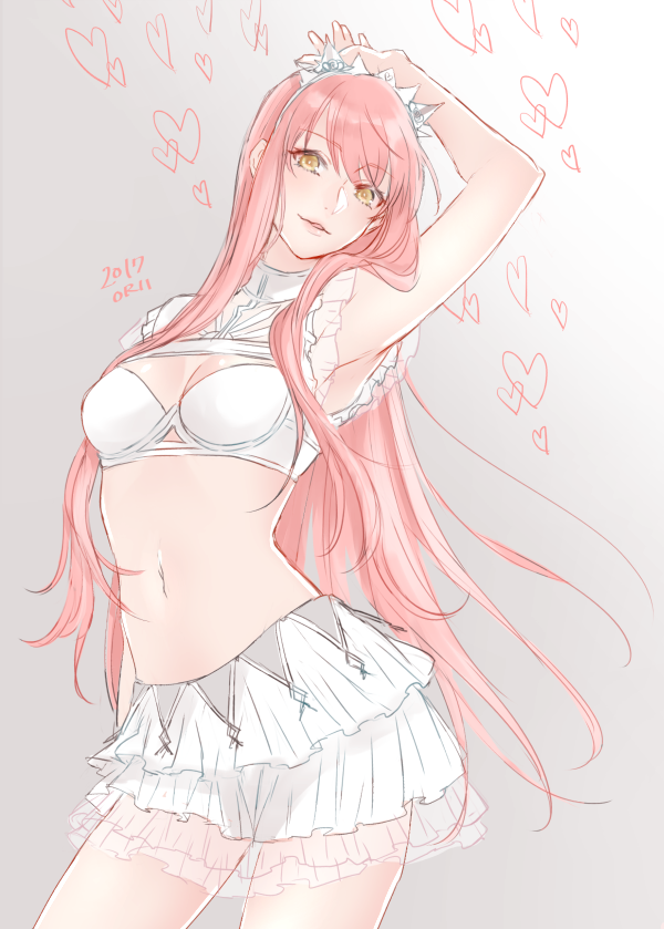 2017 arm_up armpits artist_name bangs banned_artist bra breasts contrapposto cowboy_shot eyebrows_visible_through_hair fate/grand_order fate_(series) frills gradient gradient_background grey_background heart long_hair looking_at_viewer medb_(fate)_(all) medb_(fate/grand_order) navel orii_(orii_i) parted_lips pink_hair signature skirt small_breasts smile solo standing tiara underwear very_long_hair white_bra white_skirt yellow_eyes