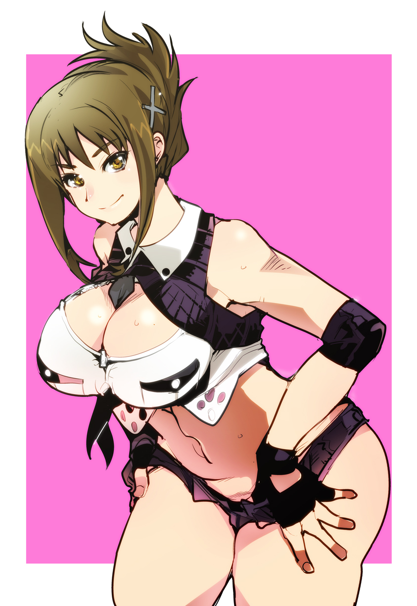 black_gloves breasts brown_eyes cleavage fingerless_gloves folded_ponytail gloves highres kisaragi_chitose large_breasts looking_at_viewer midriff navel shin_guards shorts smile solo super_robot_wars sweat thighs uchiuchi_keyaki