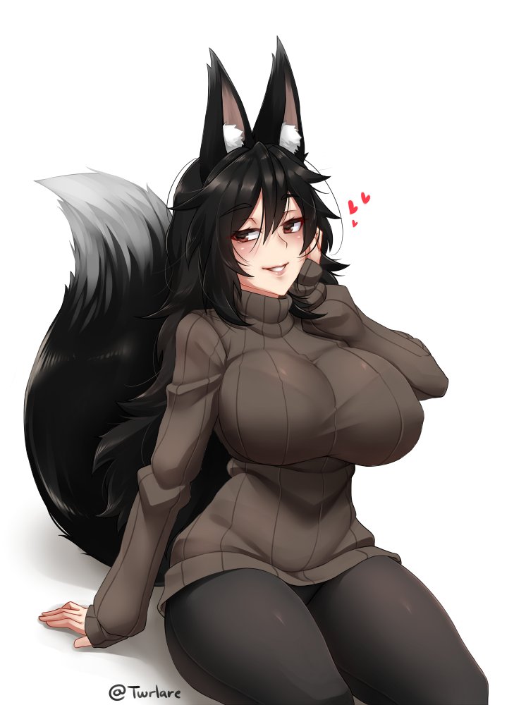 &lt;3 2019 animal_humanoid big_breasts black_hair breasts canine canine_humanoid clothed clothing female fluffy fluffy_tail fox_humanoid hair huge_breasts humanoid mammal pants simple_background sitting solo sweater twrlare white_background