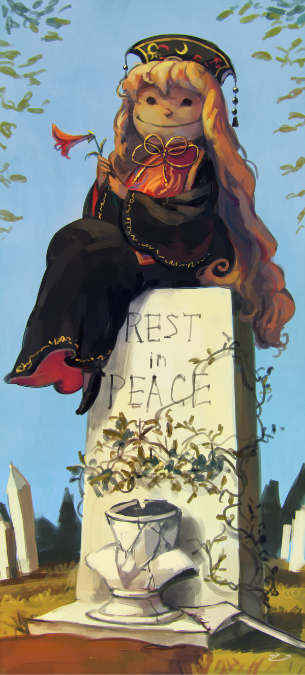 blonde_hair chinese_clothes commentary english flower highres junko_(touhou) koto_inari long_hair parody sitting smile solo tabard the_haunted_mansion tombstone touhou