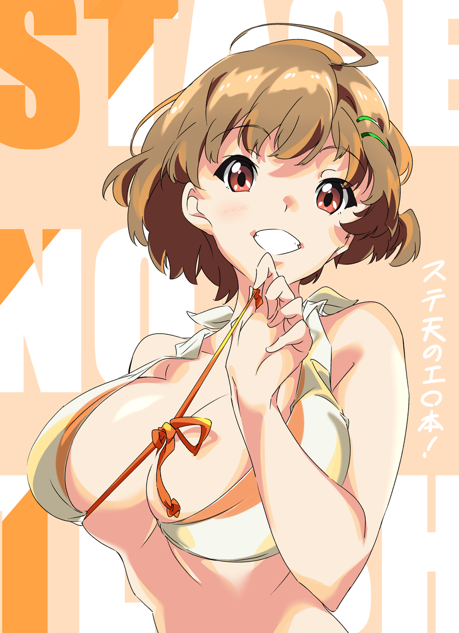 1girl ahoge bikini breasts brown_hair character_request cleavage comic eyebrows_visible_through_hair graphite_(medium) grin hair_ornament hairclip halterneck highres large_breasts looking_at_viewer red_eyes short_hair skindentation smile solo swimsuit traditional_media umanosuke undressing upper_body wake_up_girls! wake_up_girls!_stage_no_tenshi