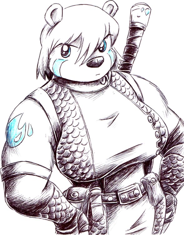anthro bear belt blue_eyes clothing drake_fenwick female gloves hair mammal melee_weapon muscular purity_(character) simple_background solo supermegatopia sword weapon