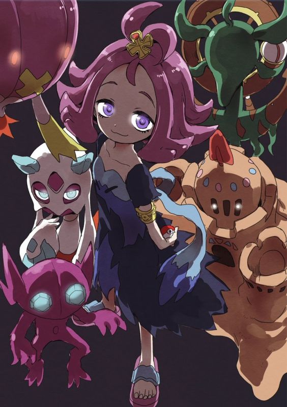 acerola clothed clothing dhelmise drifblim female froslass glowing glowing_eyes grey_background group human human_focus humanoid looking_at_viewer mammal nintendo palossand pok&eacute;ball pok&eacute;mon pok&eacute;mon_trainer sableye simple_background unknown_artist video_games