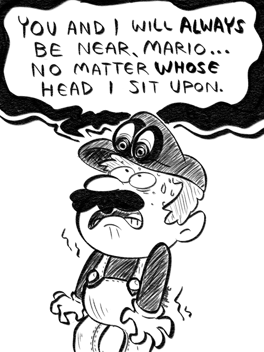 ... animate_inanimate cappy_(mario) clothed clothing dialogue english_text facial_hair frown gloves hair hat headgear human looking_down looking_up male mammal mario mario_bros mustache nintendo nostalgialad2 open_mouth overalls plumber psychotic scared simple_background standing super_mario_odyssey text tongue video_games white_background