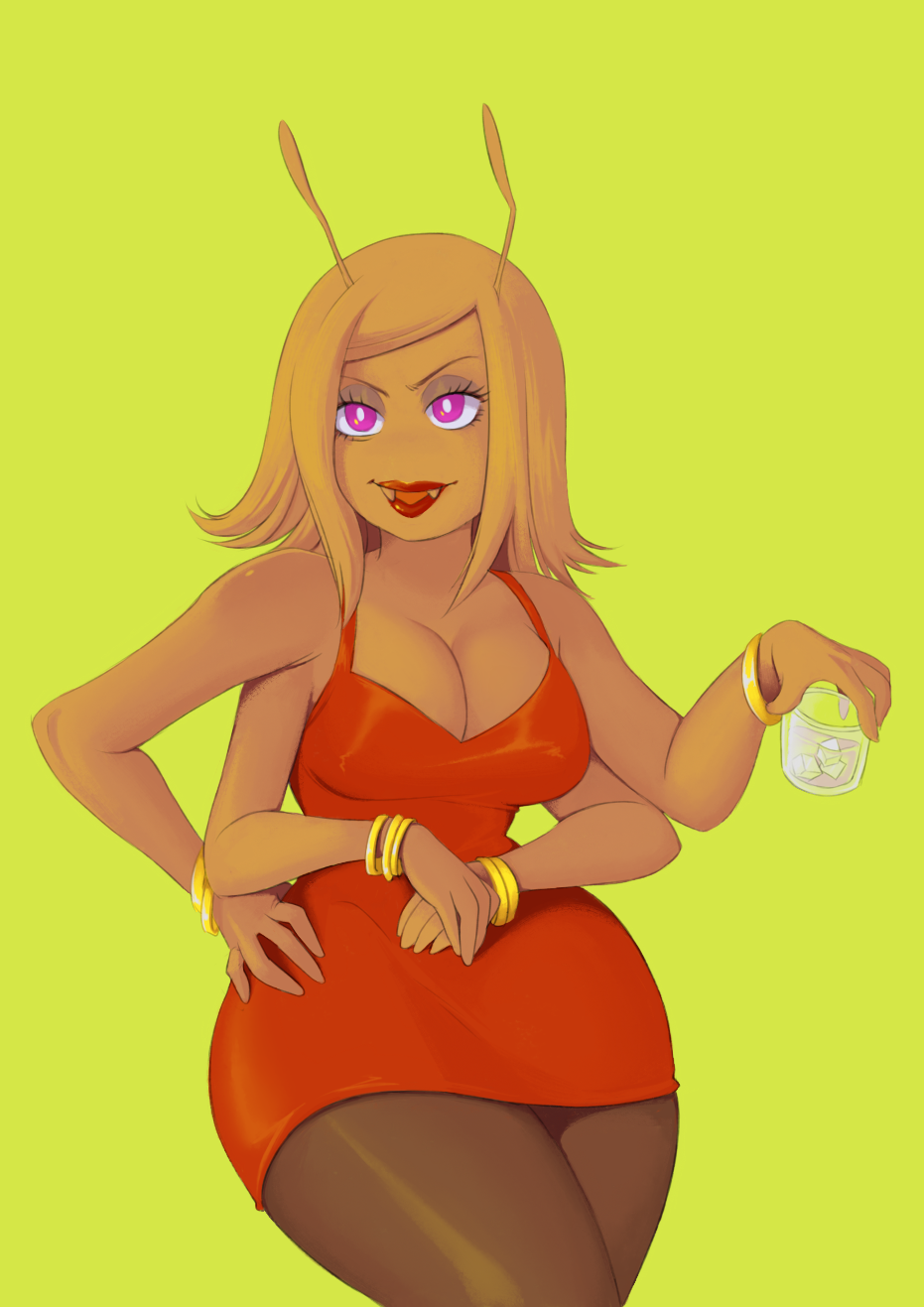 ant antennae arthropod badcactus beverage breasts cleavage clothed clothing cup dress female fire_ant glass green_background hair hymenopteran insect jewelry legwear lipstick makeup multi_limb pantyhose purple_eyes red_dress red_skin short_hair simple_background smile smirk solo voluptuous