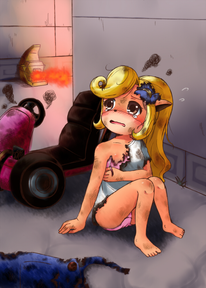 1girl bare_shoulders barefoot blonde_hair blush bra brown_eyes bruise bruise_on_face burnt burnt_clothes coco_bandicoot crash_bandicoot fire flower flying_sweatdrops hair_flower hiding injury kart long_hair messy_hair open_mouth overalls panties pink_bra pink_panties sakamoto_aoi shirt solo tears torn_clothes torn_shirt wavy_mouth
