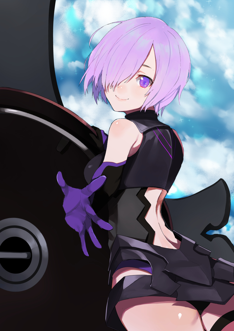 armor armored_dress ass bangs black_leotard breasts closed_mouth cloud cloudy_sky commentary_request cowboy_shot day fate/grand_order fate_(series) from_behind hair_over_one_eye leotard looking_at_viewer looking_back mash_kyrielight medium_breasts outdoors outstretched_hand pinch_(nesume) purple_eyes purple_hair shield short_hair sky smile solo
