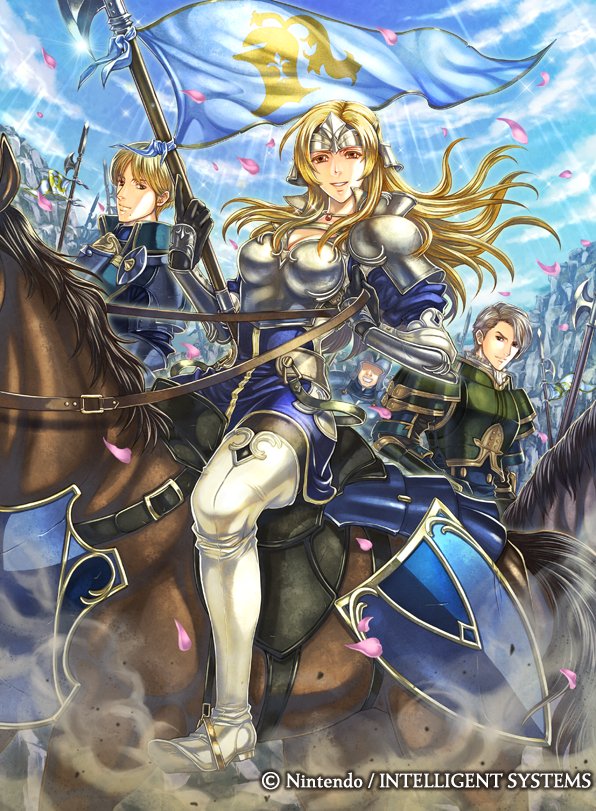 2boys armor blonde_hair boots breasts brown_eyes cleavage cleive company_name day faceless faceless_male fernand_(fire_emblem) fire_emblem fire_emblem_cipher fire_emblem_echoes:_mou_hitori_no_eiyuuou flag helmet horse large_breasts lips matilda_(fire_emblem) mole mountain multiple_boys official_art petals polearm sky sparkle spear takaya_tomohide teeth thigh_boots thighhighs weapon white_hair