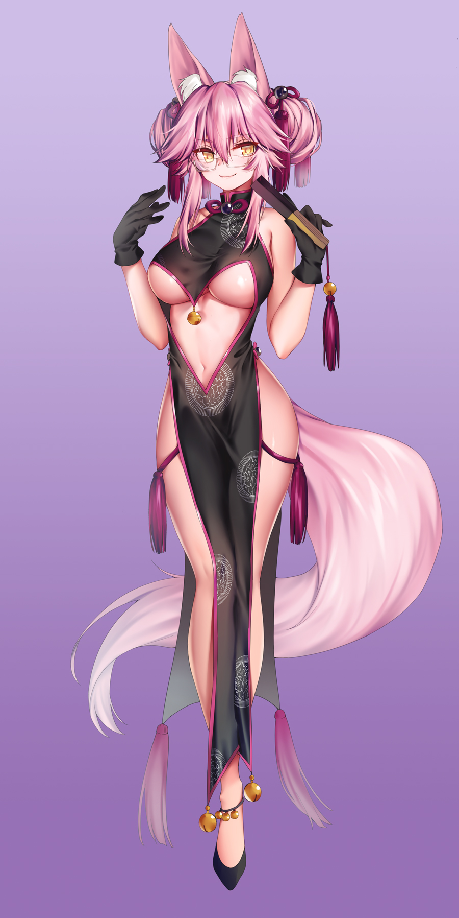 animal_ear_fluff animal_ears bare_shoulders black_gloves breasts center_opening china_dress chinese_clothes choker closed_fan commentary_request dress earrings eyebrows_visible_through_hair fan fate/grand_order fate_(series) folding_fan fox_ears fox_tail full_body glasses gloves gradient gradient_background hair_between_eyes high_heels highres jewelry koyanskaya large_breasts light_smile long_hair looking_at_viewer navel obiwan pelvic_curtain pink_hair purple_background ribbon_choker shiny shiny_skin side_slit sidelocks smile solo standing tail tamamo_(fate)_(all) underboob very_long_hair yellow_eyes