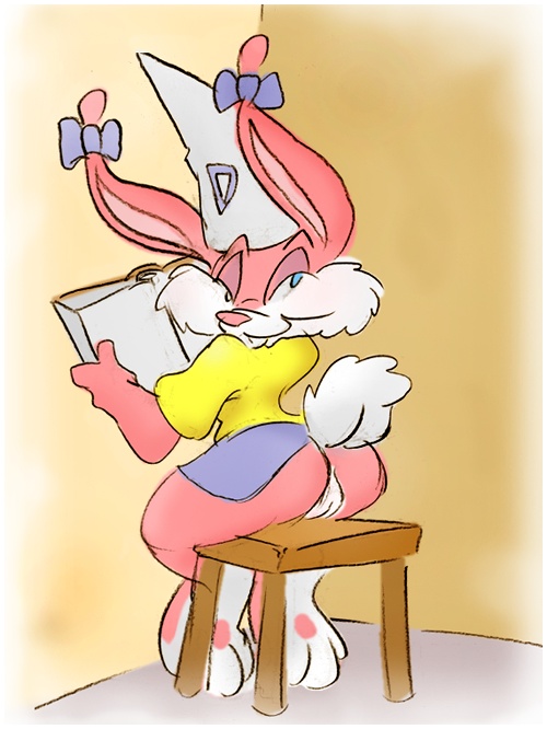 anthro babs_bunny book butt clothing corner dunce_cap female hat karri_aronen lagomorph looking_back mammal pussy rabbit raised_tail school simple_background sketch skirt solo stool tiny_toon_adventures warner_brothers