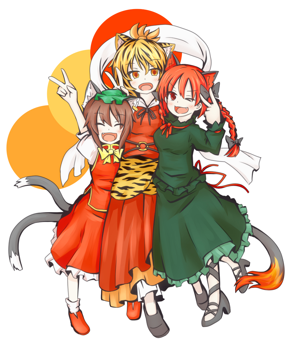 :d ;d ^_^ animal_ears black_hair blonde_hair brown_hair cat_ears cat_tail chen closed_eyes dress fang frilled_dress frilled_skirt frills hat jewelry kaenbyou_rin kemonomimi_mode kuroneko_(kuroi-neko) multicolored_hair multiple_girls multiple_tails one_eye_closed open_mouth red_eyes red_hair shirt short_hair short_sleeves single_earring skirt smile tail tiger_stripes toramaru_shou touhou trait_connection two-tone_hair two_tails v vest