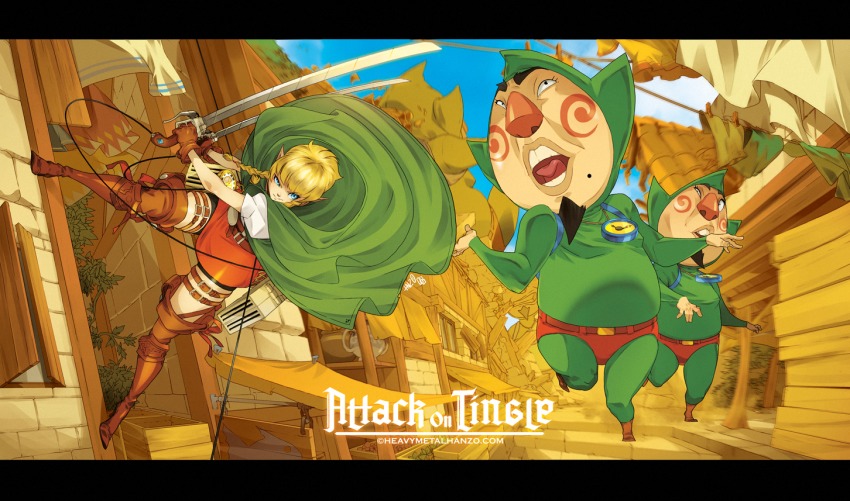 adapted_costume attack_on_titan blonde_hair blue_eyes bodysuit boots building cloak clothing facial_hair female footwear goatee hair hyrule_warriors legwear linkle mammal metalhanzo mole mole_under_mouth monster nintendo parody pointy_ears skinsuit the_legend_of_zelda thigh_boots thigh_highs three-dimensional_maneuver_gear tight_clothing tingle titan_(attack_on_titan) video_games