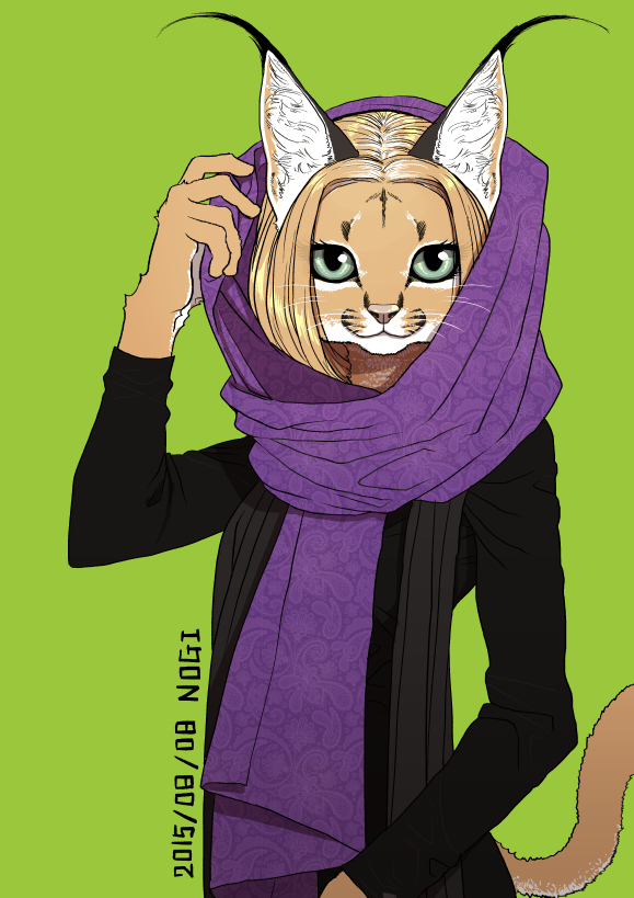 2015 5_fingers anthro black_clothing black_dress black_fur caracal clothed clothing countershade_face countershading digital_media_(artwork) dress ear_tuft eyelashes eyes_visible_through_hair feline female front_view fully_clothed fur green_background hair humanoid_hands inner_ear_fluff kemono long_sleeves looking_at_viewer mammal mouth_closed multicolored_fur nogi pink_nose portrait purple_scarf raised_arm raised_tail scarf short_hair simple_background skinny_tail solo standing tan_fur tan_hair tan_tail teal_eyes three-quarter_portrait tuft whiskers white_countershading white_fur