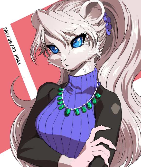 2015 abstract_background anthro bangs blue_eyes breasts cheek_tuft claws clothed clothing collarbone digital_media_(artwork) eyebrows eyebrows_visible_through_hair eyelashes female front_view fully_clothed fur gem grey_fur hair hair_between_eyes hand_on_arm jewelry kemono long_hair looking_away mammal medium_breasts mouse neck_tuft necklace nogi open_mouth ponytail purple_clothing ribbed_sweater rodent sharp_claws signature silver_claws silver_hair solo tuft turtleneck turtleneck_sweater