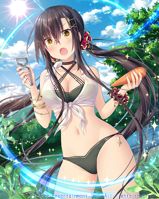 :o bangle bikini bikini_under_clothes black_hair blush bracelet breasts carrot character_request cleavage cloud company_name cowboy_shot day eyebrows_visible_through_hair falkyrie_no_monshou food front-tie_top green_bikini hair_ornament hairclip holding holding_food jewelry large_breasts light_rays long_hair looking_at_viewer natsumekinoko nature navel open_mouth outdoors peeler river scrunchie shirt sleeveless sleeveless_shirt solo sparkle sun sunbeam sunlight swimsuit tied_shirt twintails v-shaped_eyebrows very_long_hair watermark white_shirt wrist_scrunchie x_hair_ornament yellow_eyes