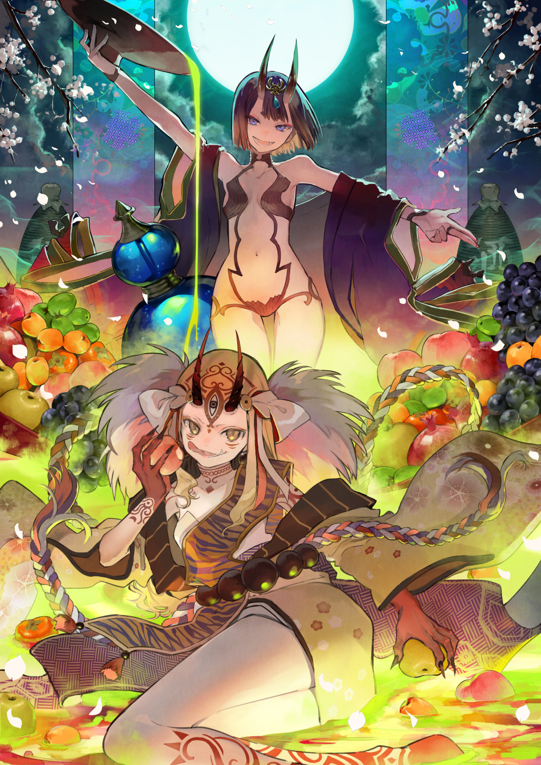 alcohol apple apricot_(fruit) bangs blonde_hair blue_eyes blunt_bangs bob_cut contest_winner cup facial_mark fang fate/grand_order fate_(series) food fruit grapes highres horns ibaraki_douji_(fate/grand_order) japanese_clothes kimono long_hair looking_at_viewer multiple_girls navel nozaki_tsubata oni oni_horns petals pixiv_fate/grand_order_contest_1 purple_hair sakazuki sake short_hair shuten_douji_(fate/grand_order) tattoo tongue tongue_out yellow_eyes yellow_kimono