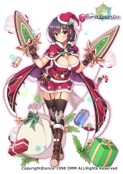 1girl back_bow black_bow black_hair black_legwear blush boots bow breasts brown_footwear candy candy_cane cape christmas cleavage closed_mouth dual_wielding flower flower_knight_girl food full_body fur_trim gift hat holding holding_weapon knee_boots large_breasts looking_at_viewer night_phlox_(flower_knight_girl) object_namesake official_art red_cape red_eyes red_hat red_skirt santa_costume santa_hat short_hair skirt smile solo sparkle standing thigh_strap thighhighs utsurogi_akira weapon white_bow zettai_ryouiki
