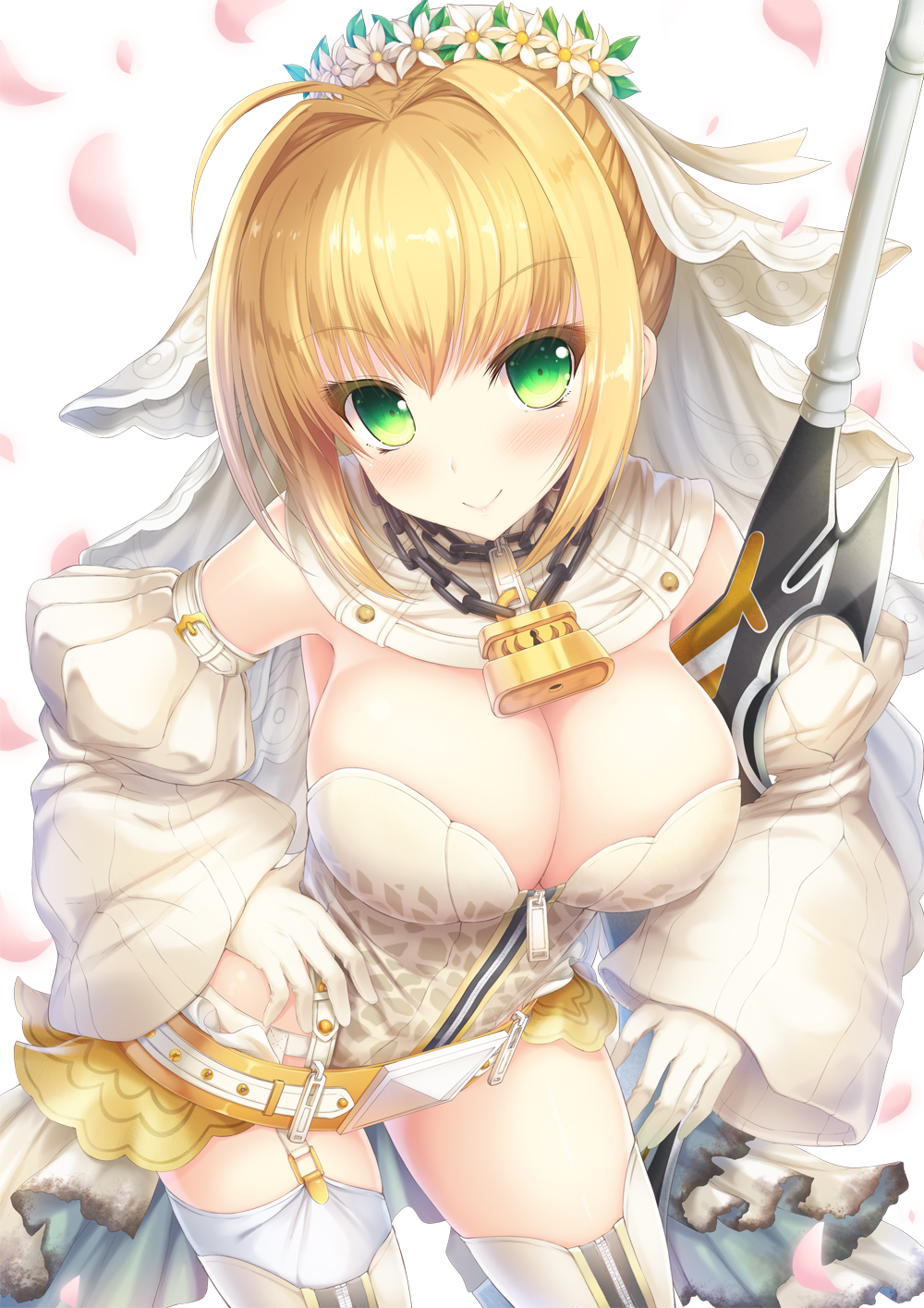 ahoge belt blonde_hair blush boots breasts chain cleavage contest_winner detached_collar detached_sleeves fate/extra fate/extra_ccc fate_(series) flower garter_straps gloves green_eyes hair_flower hair_ornament head_wreath highres large_breasts leaning_forward lock looking_at_viewer nero_claudius_(bride)_(fate) nero_claudius_(fate)_(all) padlock petals pixiv_fate/grand_order_contest_1 smile solo sword taiki_ken thigh_boots thighhighs veil weapon white_gloves white_sleeves zipper