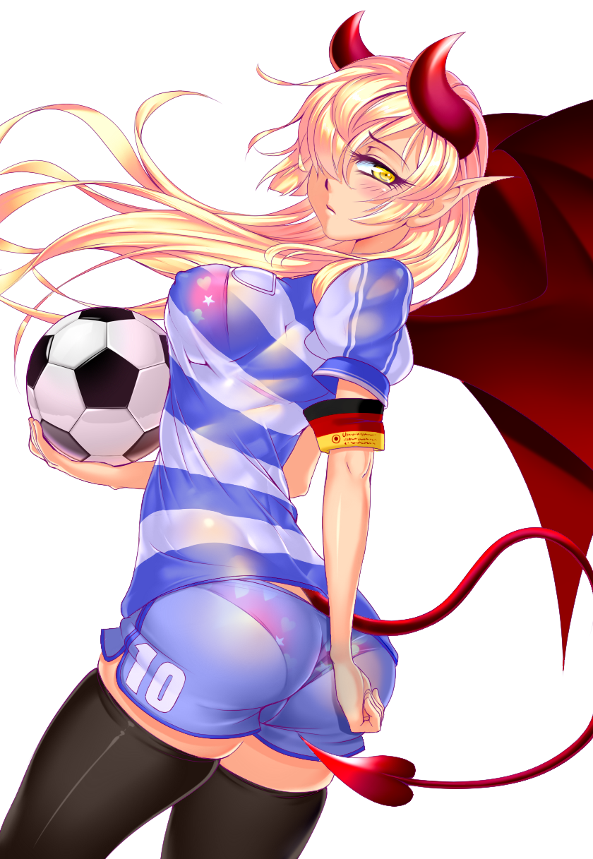 &lt;3 2013 ball big_breasts blonde_hair breasts butt clothed clothing demon female fingers german hair hair_over_eyes hi_res holding_object horn legwear long_hair lucknight membranous_wings nipple_bulge not_furry pointy_ears pose soccer soccer_ball solo spade_tail sport star succubus thigh_highs translucent transparent_clothing underwear wings yellow_eyes