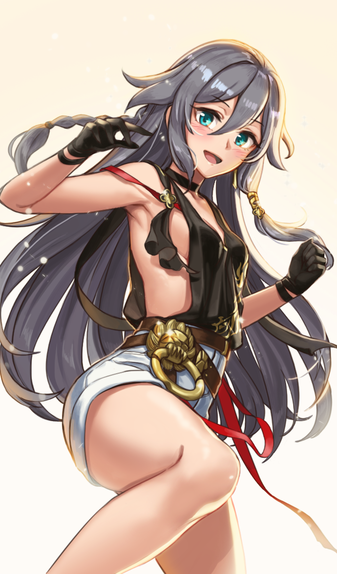 1girl armpits bangs bare_shoulders belt black_gloves black_neckwear black_shirt blue_shorts blush braid breasts clenched_hand cowboy_shot denim denim_shorts eyebrows_visible_through_hair fu_hua_(honkai_impact) gloves grey_hair hair_between_eyes hair_ornament honkai_(series) honkai_impact_3 jewelry leg_up long_hair looking_at_viewer myurumyuru open_mouth ribbon shirt short_shorts shorts sideboob sidelocks small_breasts smile solo standing standing_on_one_leg sunlight thighs yellow_background