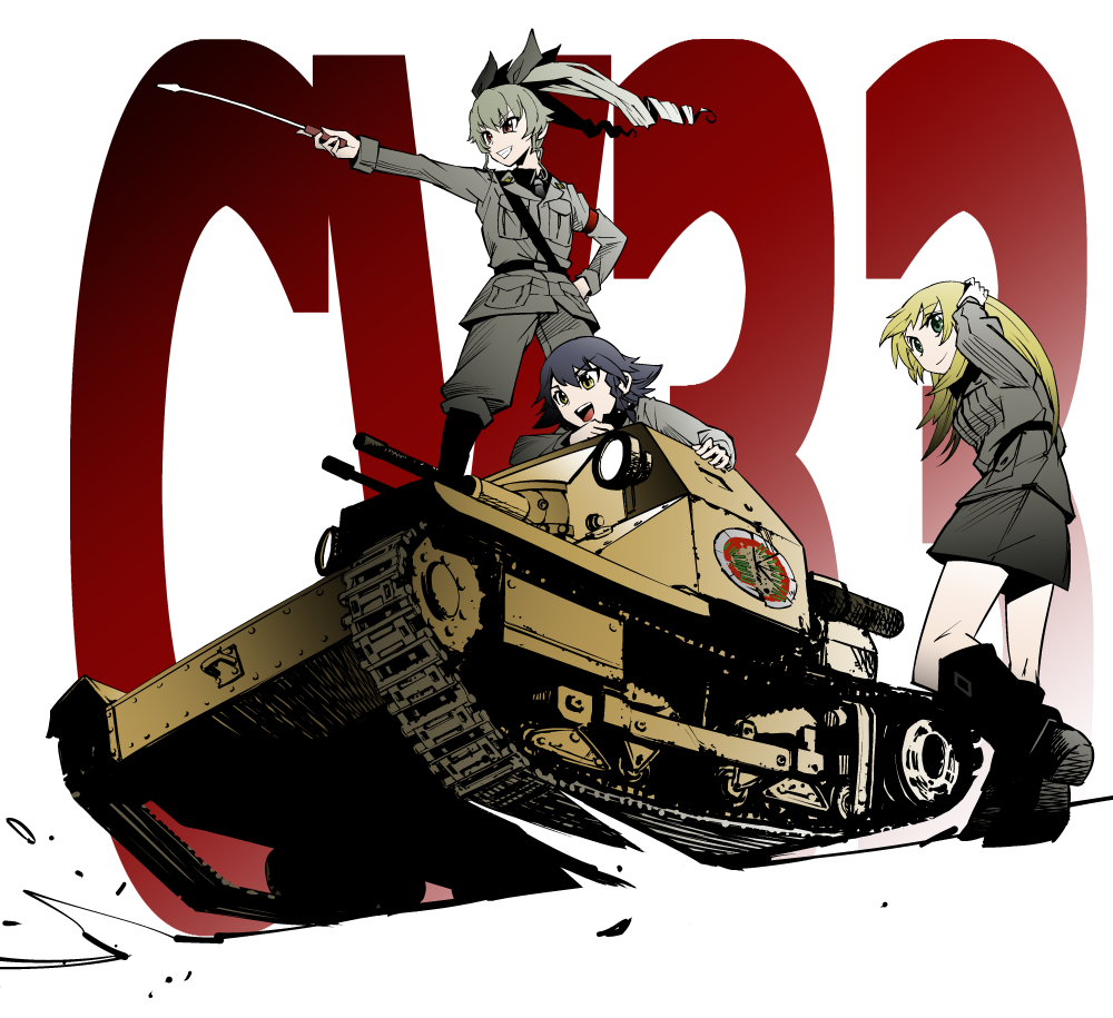 anchovy anzio_(emblem) anzio_military_uniform bangs belt black_footwear black_hair black_neckwear black_ribbon black_shirt blonde_hair boots braid brown_eyes carpaccio carro_veloce_cv-33 caterpillar_tracks closed_mouth dress_shirt drill_hair driving emblem girls_und_panzer green_eyes green_hair grey_jacket grey_pants grey_skirt grin ground_vehicle hair_ribbon hand_on_hip jacket knee_boots kome_(kakalow) long_hair long_sleeves military military_uniform military_vehicle miniskirt motor_vehicle multiple_girls necktie on_vehicle open_mouth pants pencil_skirt pepperoni_(girls_und_panzer) pointing red_eyes ribbon riding_crop shirt short_hair shoulder_belt side_braid skirt smile standing tank twin_drills twintails uniform wind