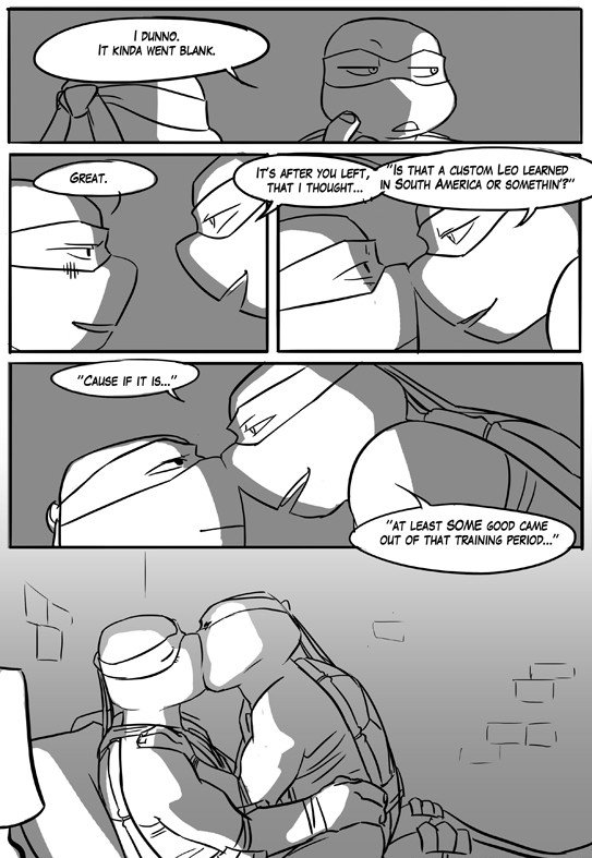 bed brick comic inside kissing leonardo_(tmnt) male male/male ninja raphael_(tmnt) reptile scalie sneefee teenage_mutant_ninja_turtles text turtle