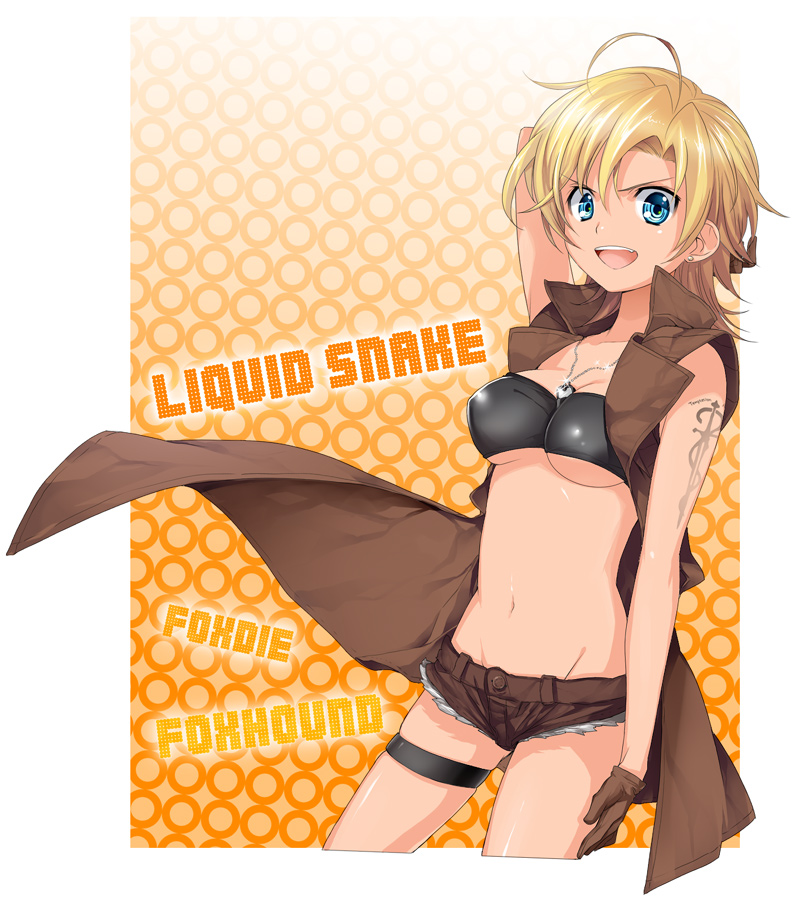 :d ahoge aqua_eyes arm_tattoo bandeau bare_arms black_bandeau blonde_hair border breasts brown_gloves brown_shorts brown_vest character_name commentary_request cowboy_shot cutoffs earrings fang genderswap genderswap_(mtf) gloves groin jewelry kinu_(le) liquid_snake looking_at_viewer medium_breasts metal_gear_(series) metal_gear_solid micro_shorts midriff navel necklace open_clothes open_mouth open_vest orange_background shorts skindentation smile solo standing stomach stud_earrings tattoo thigh_strap underboob v-shaped_eyebrows vest white_border