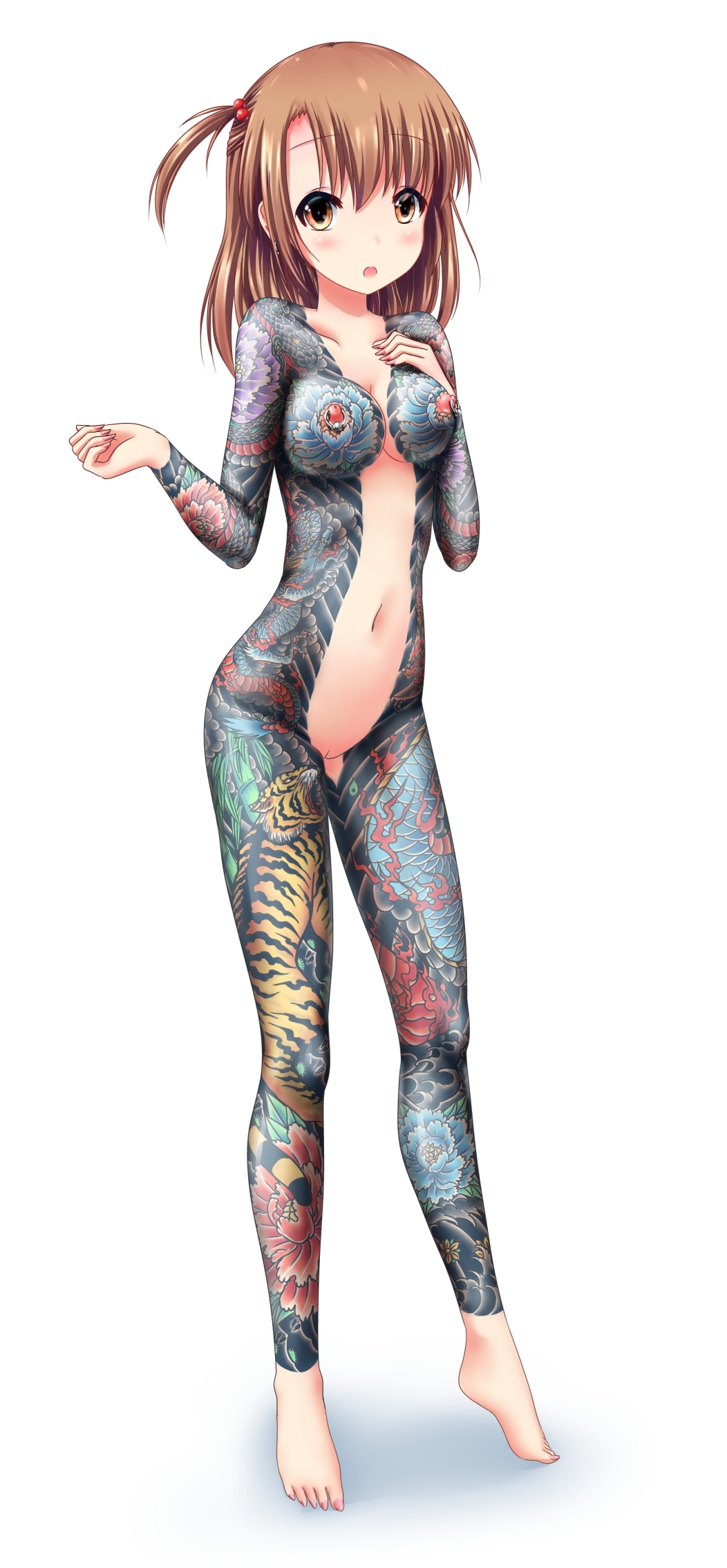 1girl areolae bangs blush breasts brown_eyes brown_hair collarbone earrings female full_body full_body_tattoo hair_ornament highres irezumi large_breasts long_hair looking_at_viewer nipple_piercing nude open_mouth original piercing pussy seiji_(artist) sparkle standing tattoo uncensored yakuza