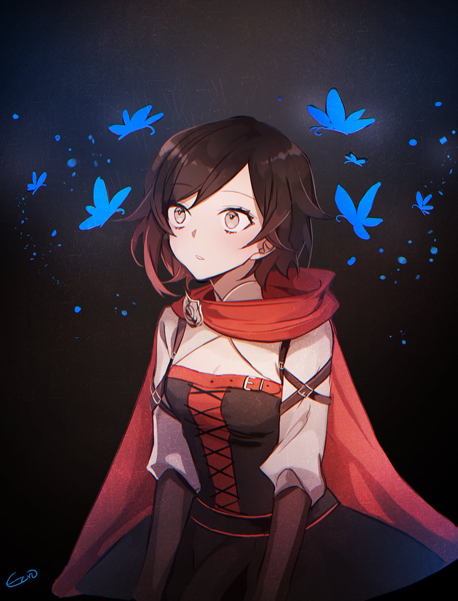 1girl black_background black_hair blue_butterfly breasts bug butterfly ecru image_sample insect multicolored_hair red_hair ruby_rose rwby short_hair silver_eyes small_breasts twitter_sample
