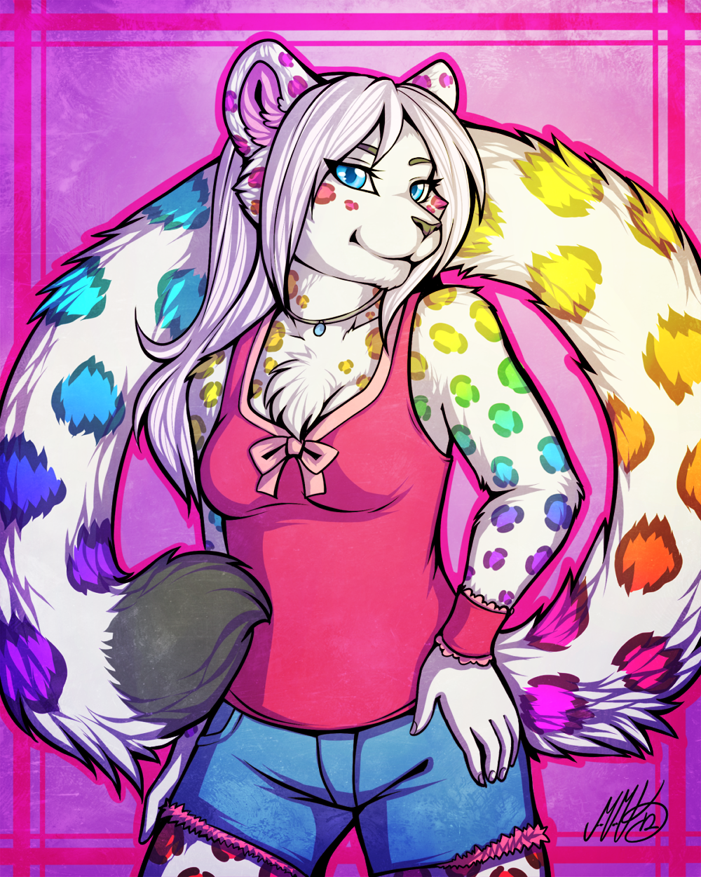 2012 5_fingers blue_eyes breasts clothed clothing feline female fur grey_nose hair leopard mammal neotheta smile white_fur white_hair