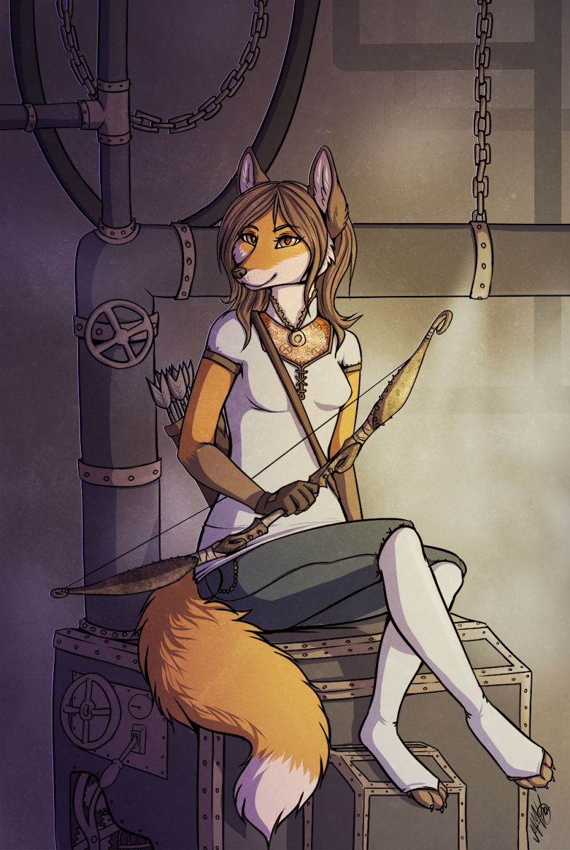 2012 4_toes 5_fingers amber_eyes anthro arrow bow breasts brown_hair canine detailed_background digitigrade female fox fur hair holding_object holding_weapon mammal neotheta orange_fur toes weapon