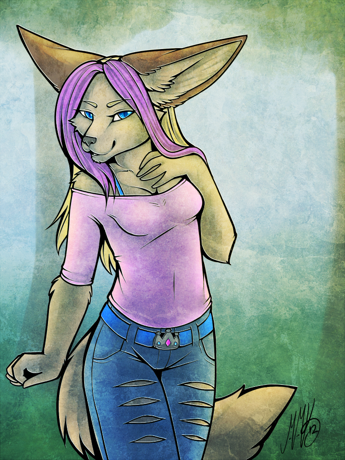 2012 anthro blue_eyes breasts canine clothed clothing female fox hair looking_at_viewer mammal neotheta pink_hair smile solo standing