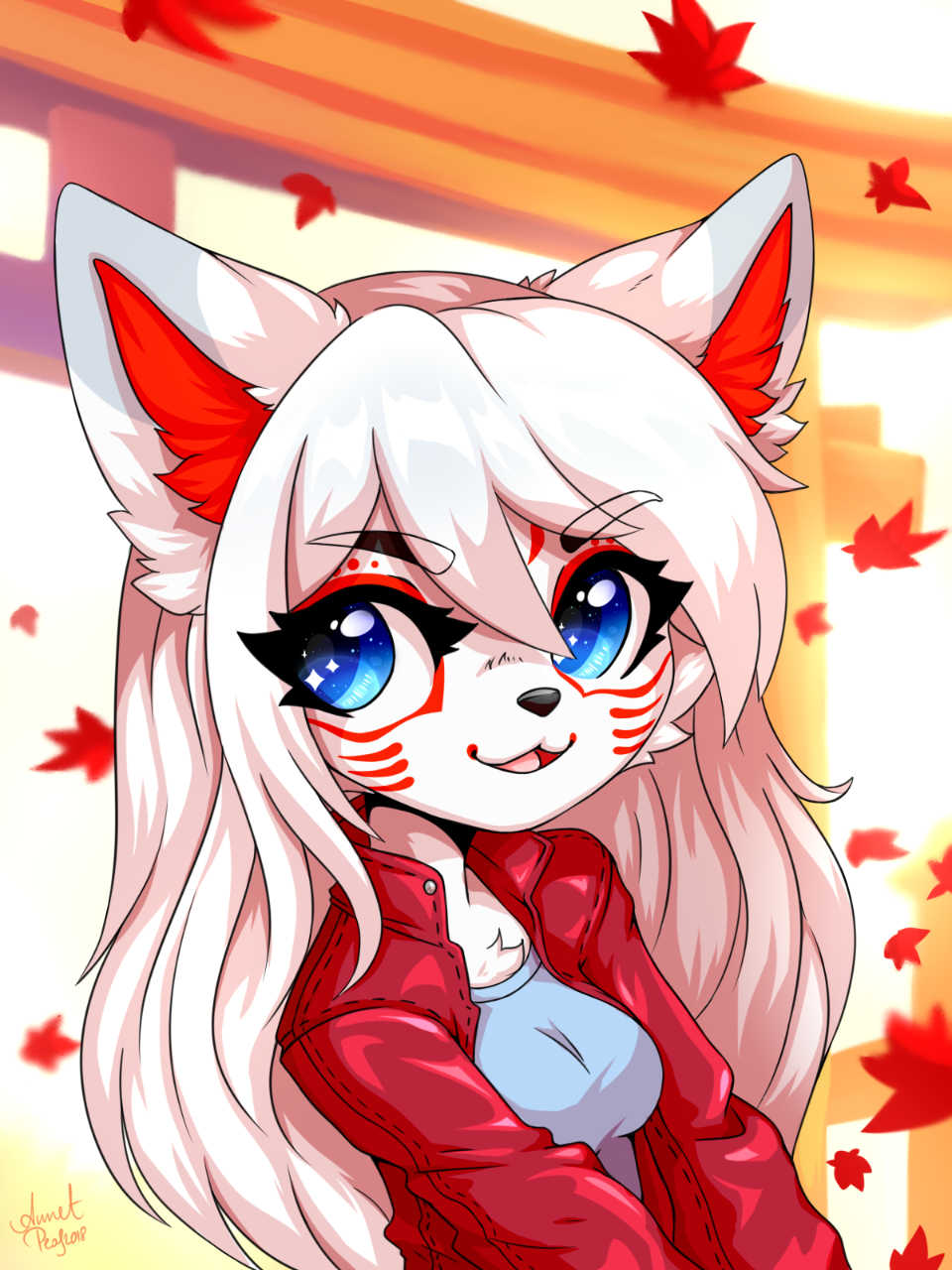 annetpeas anthro autumn blue_eyes canid canine clothing female fox fur hair leaf mammal palace solo white_fur white_hair