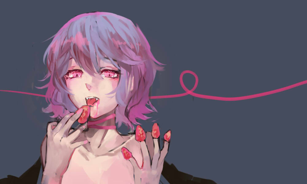 bangs bat_wings blood blood_from_mouth collarbone eating ein_(artist) fangs food food_on_finger fruit gradient_hair graphite_(medium) hair_between_eyes lavender_hair looking_at_viewer multicolored_hair nail_polish nude open_mouth pink_blood pink_eyes pink_hair pink_nails pink_ribbon purple_hair remilia_scarlet ribbon short_hair simple_background solo strawberry teeth tongue touhou traditional_media upper_body wings
