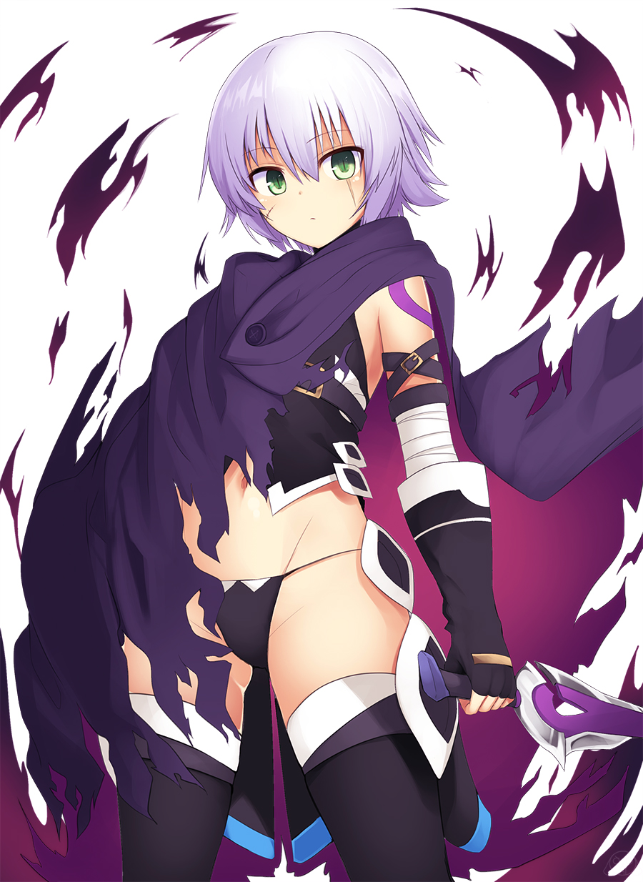 arm_at_side arm_belt bandaged_arm bandages bangs black_gloves black_legwear black_panties black_shirt buckle buttons cloak closed_mouth commentary_request expressionless eyebrows_visible_through_hair facial_scar fate/grand_order fate_(series) fingerless_gloves from_below gloves green_eyes groin hair_between_eyes highres holding holding_knife holding_weapon jack_the_ripper_(fate/apocrypha) knife legs_apart looking_at_viewer looking_down lowleg lowleg_panties mahcdai navel panties purple_cloak scabbard scar scar_across_eye scar_on_cheek sheath shiny shiny_hair shirt short_hair silver_hair simple_background sleeveless sleeveless_shirt slit_pupils solo standing tattoo thighhighs torn_cloak underwear unsheathed weapon white_background wind