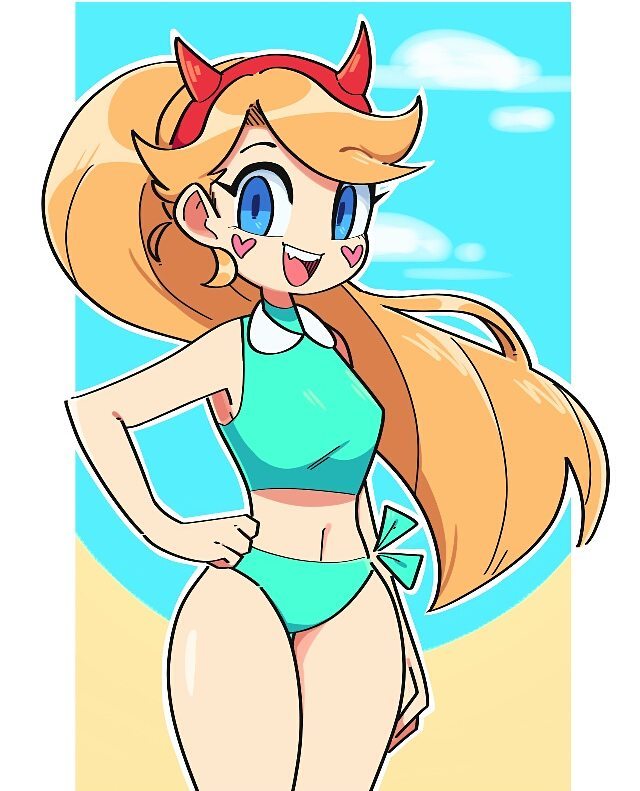 1girl beach bikini blonde_hair blue_eyes curvy disney hairband heart horned_headwear long_hair ponytail small_breasts smile star_butterfly star_vs_the_forces_of_evil swimsuit wide_hips