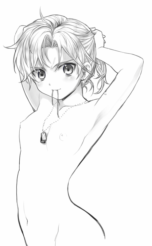 arched_back armpits breasts dog_tags genderswap genderswap_(mtf) greyscale jewelry kinu_(le) liquid_snake long_hair looking_at_viewer metal_gear_(series) metal_gear_solid monochrome mouth_hold nipples nude out-of-frame_censoring ribbon ribbon_in_mouth single_earring small_breasts smile solo tying_hair