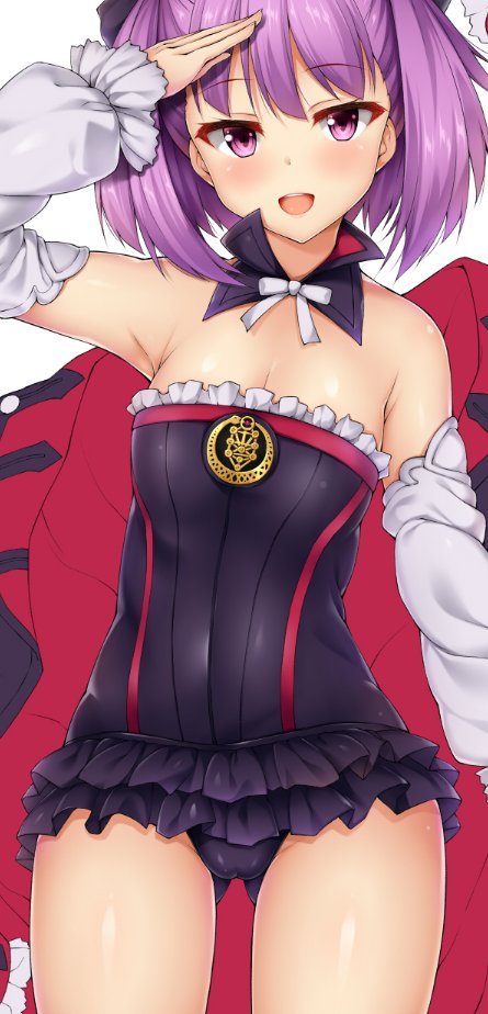 arm_up armpits bare_shoulders black_leotard coat coat_removed detached_collar detached_sleeves fate/grand_order fate_(series) helena_blavatsky_(fate/grand_order) kuragari leotard open_mouth purple_eyes purple_hair salute short_hair smile solo strapless strapless_leotard white_sleeves