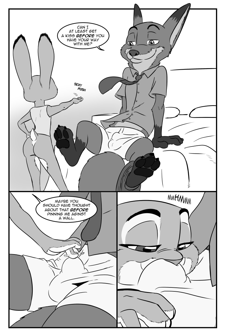 2017 akiric anthro barefoot bottomless bulge butt canine carrying clothed clothing comic disney duo female finger_snap fox greyscale hand_on_hip judy_hopps lagomorph male male/female mammal monochrome necktie nick_wilde nuzzling rabbit sitting smile underwear zootopia