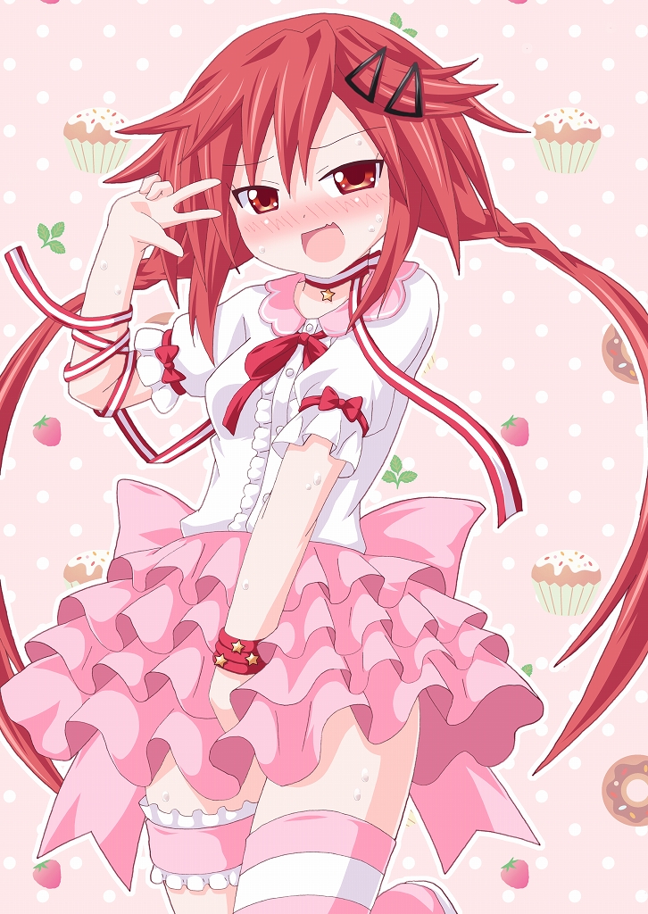 blush bow braid eyebrows_visible_through_hair frilled_skirt frilled_sleeves frills garters hair_ornament hairclip kagerou_(kers) long_hair looking_at_viewer neptune_(series) open_mouth polka_dot polka_dot_background puffy_short_sleeves puffy_sleeves red_hair ribbon shin_jigen_game_neptune_vii shirt short_sleeves skirt skirt_tug smile solo tennouboshi_uzume twintails v wavy_mouth