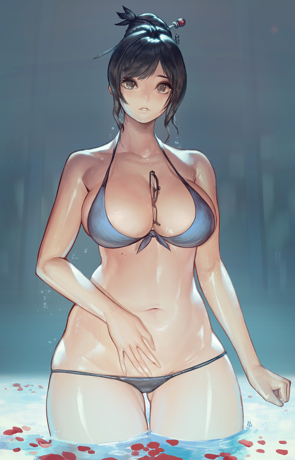 bangs bare_shoulders between_breasts bikini blue_bikini breasts brown_eyes brown_hair cleavage collarbone commentary cowboy_shot front-tie_bikini front-tie_top glasses hair_bun hair_ornament hair_stick highres instant_ip large_breasts lips looking_at_viewer mei_(overwatch) navel overwatch parted_lips petals petals_on_liquid solo standing swept_bangs swimsuit thigh_gap wading water water_drop wet